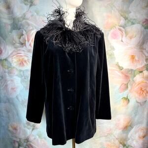 Vintage Busse Couture Black Velvet Button Up Ostrich Feather Collar Jacket